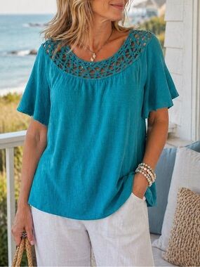 Iyla Teal Crochet Neck Blouse Size 1X Coastal Grandma Boho Preloved